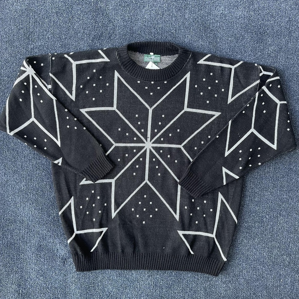 Cabin Creek Sweater Mens Large Black‎ White Geometric Snowflake Pullover Winter